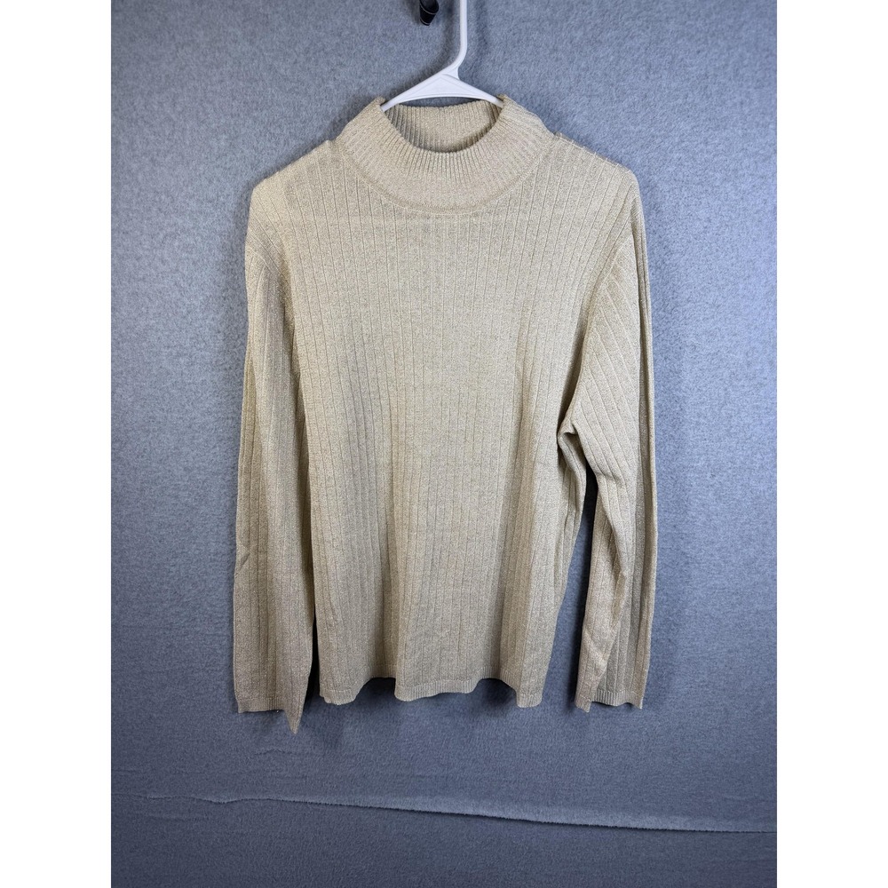 Studio Works Sweater Womens Large Gold Mock Neck Ribbed Metallic Silk Blend Knit